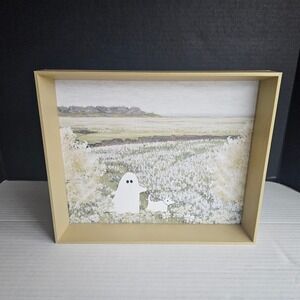 Framed Ghost Dog Walking Art Print Shadow Box Whimsical Halloween Decor 12"x10"